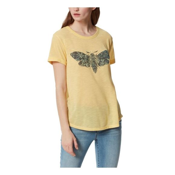 FRAYED JEANS Tops - JEANS Womens Yellow Curved Hem Rolled Cuffs Short Sleeve Crew Neck T-Shirt S